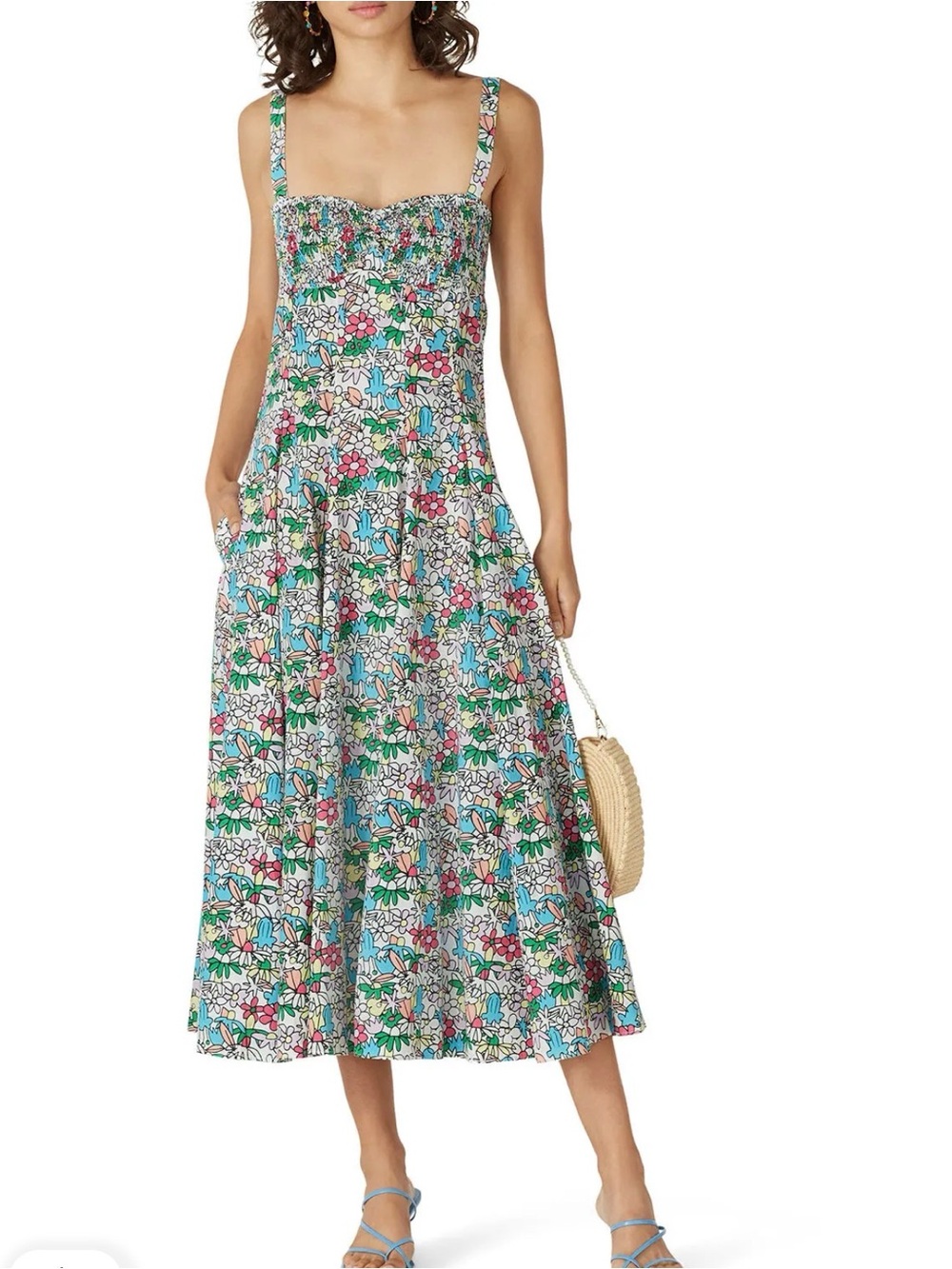 S/W/F Lush Smocked Floral Midi Dress in Multicolor Bright Bold Retro Floral H13
